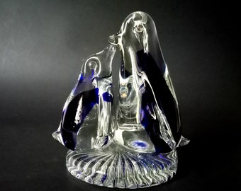 vintage glass penguins figurine art glass clear and cobalt blue glass