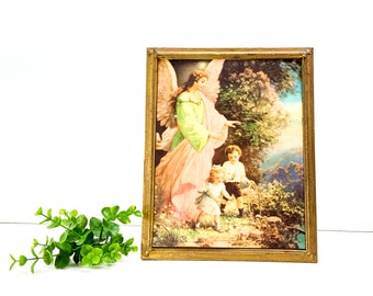 vintage picture guardian angel, framed religious artwork, litho print