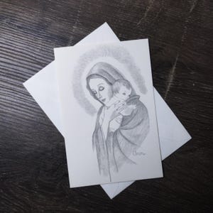 maria e gesù bambino cartolina di natale disegno schizzo schizzo ann adams vintage nuovo vecchio stock cancelleria bianco e nero biglietto di auguri religioso