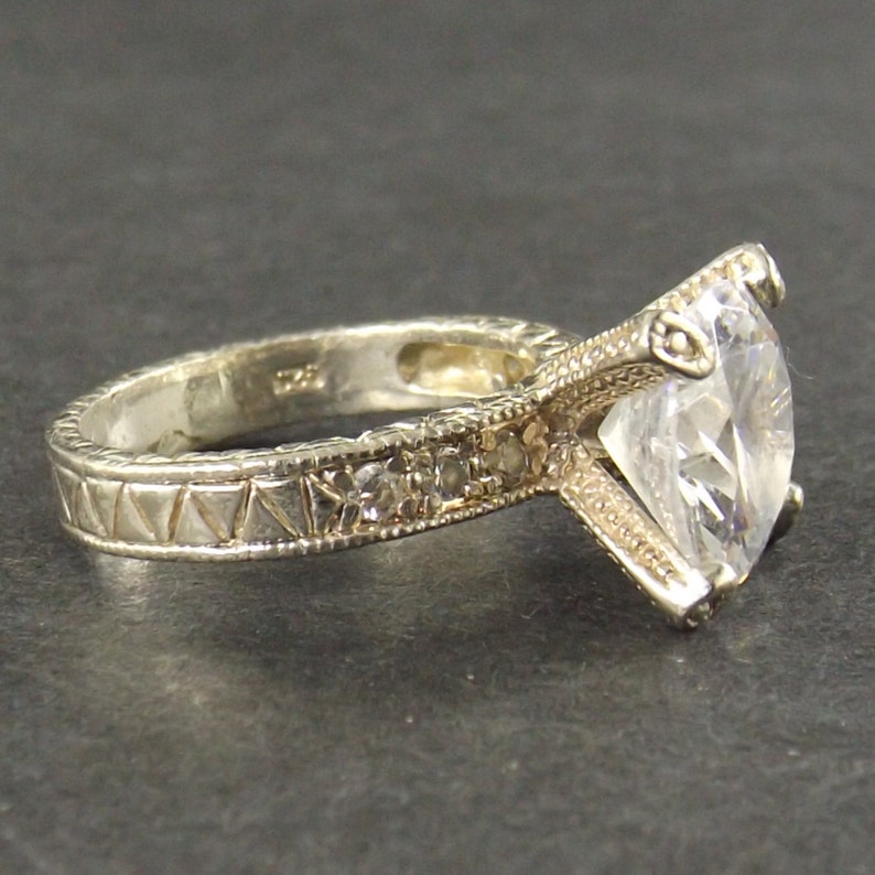 cocktail ring cubic zirconia statement ring sterling silver womens size 6.75 vintage 90s 2000s