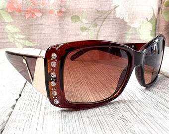 Damsolglasögon i överdimensionerade, fyrkantiga mönster: Bruna med strass