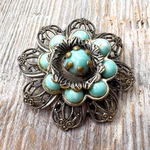 turquoise blue stone and silver filigree brooch flower lapel pin women&#39;s jewelry