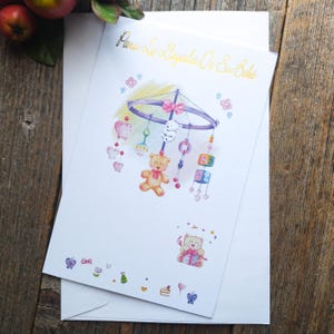 hiszpańska karta baby shower nowonarodzone dziecko matka przyszła mama ciąża kobiety w ciąży vintage stacjonarny łóżeczko mobilne misie słodkie