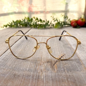 Square aviator eyeglass frames only gold metal brown tips double-bridge eyeglasses unisex/men/women glasses deadstock vintage fashion 1990s