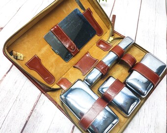 mens vintage grooming kit travel shaving set, brown leather case, metal containers