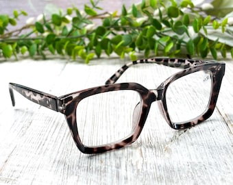 Chunky Square Reading Glasses 49[]20-140: Black and Clear Tortoise-Shell