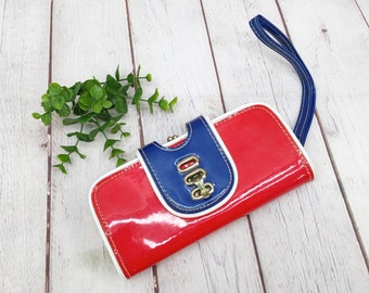60s/70s vintage patent leather wristlet wallet purse, red white and blue