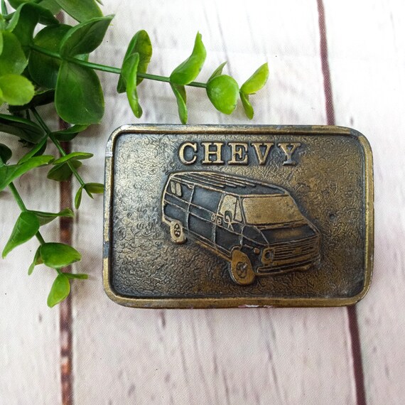 vintage brass CHEVY van belt buckle Gem