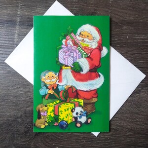joyeux père noël carte de noël rouges verts cadeaux elfe joyeux noël bonne année anglais card ltd etats-unis carte de voeux vintage papeterie nos