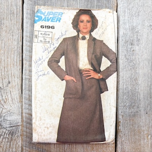 super saver sewing pattern 6196 women/miss size N 10-12-14 a-line skirt back zipper, long sleeve unlined jacket 1980s