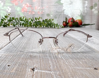 Vintage Semi-rimless Oval Eyeglasses: Metallic Brown Frames, 1990s
