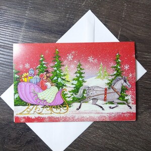 slitta trainata da cavalli cartolina di natale pini paesaggio invernale scena biglietto di auguri inglese usa vintage nos cancelleria amico/collega/mamma/papà