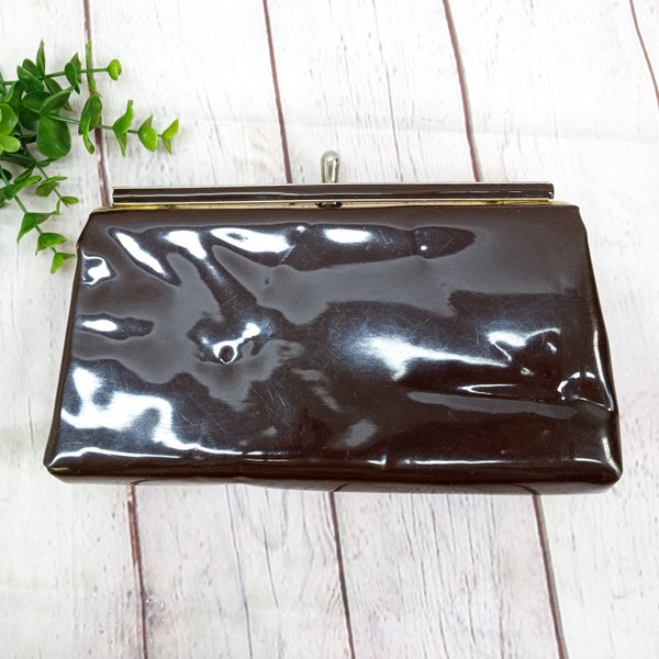 vintage brown patent leather clutch purse with gold frame