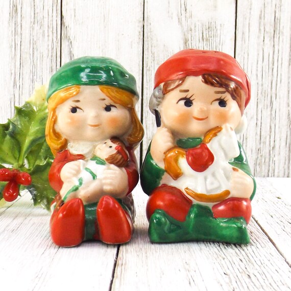 Vintage Christmas Elf Salt and Pepper Shakers Figurines Etsy