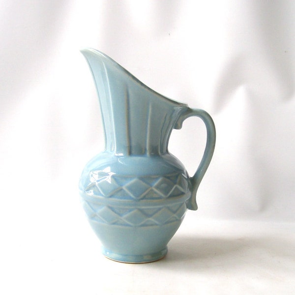 vintage blue hall pottery pitcher usa antique old 1940's decorative home decor vase mid century retro 8" tall