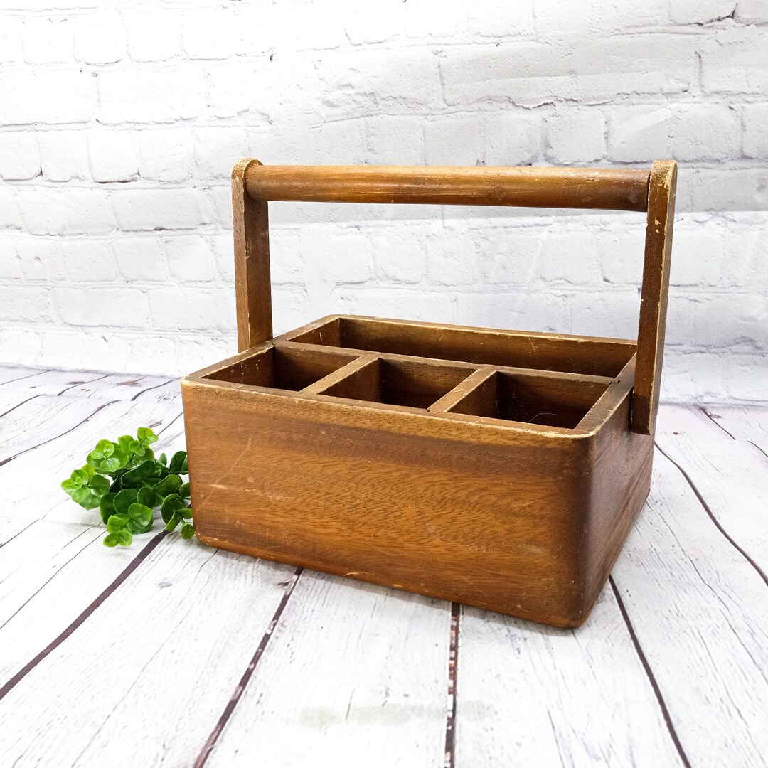 Vintage Wood Caddy With Handle and Compartments Etsy