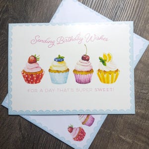 Enviando deseos de cumpleaños, tarjetas de felicitación, cupcakes, lindas, femeninas, dulces, papelería, nuevas, antiguas, en stock, cartulinas bonitas, rosas y blancas, para ella, mujeres, niñas y adolescentes