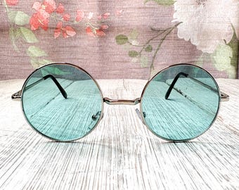 カラーレンズサングラス、オーバーサイズラウンドヒッピースタイル