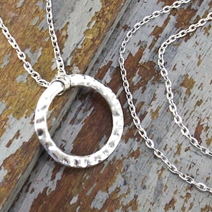hammered circle floating necklace silver chain minimalist jewelry