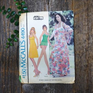 1970s halter dress sz 10 shawl sewing pattern empire waist long/short dress tie-back 70s misses/juniors/women&#39;s/ladies/teen summer outfit