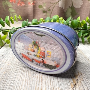 christmas tin box with gift tags small oval container ephemera vintage car automobile