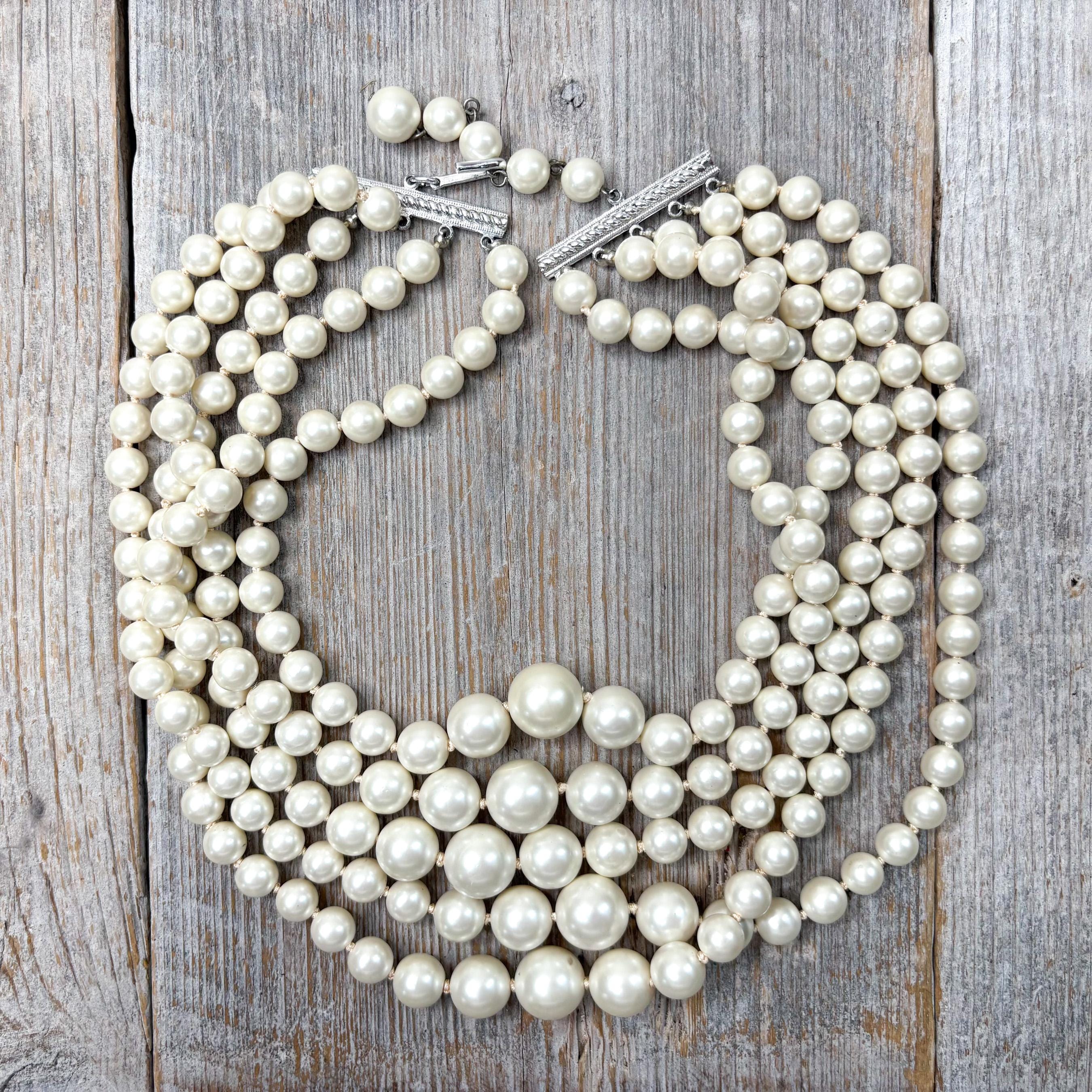 Vintage 5-strand Pearl Choker Necklace: Graduated Hand-knotted