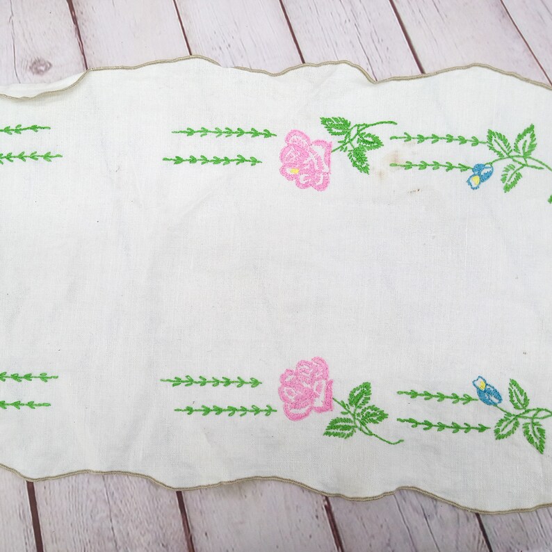 vintage embroidered floral table runner, rectangle scarf linen, pink roses image 6