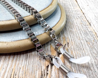 Cadena gruesa de acero inoxidable para gafas: collar de eslabones de caja plateados de 27"