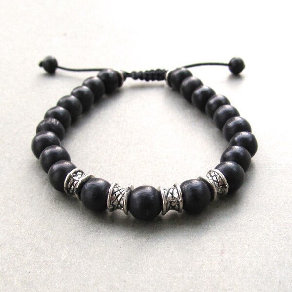 Mens black wood and Tibetan silver rondelle beaded adjustable bracelet