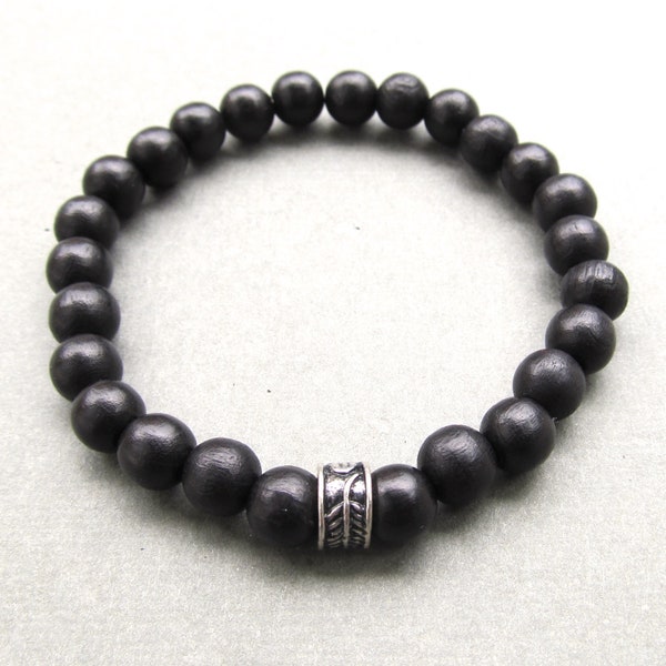 Mens noir en bois perles bracelet extensible avec perles de style tibétain à motifs 1