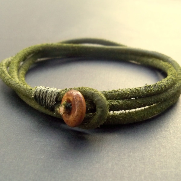 Mens olive green triple wrap leather bracelet
