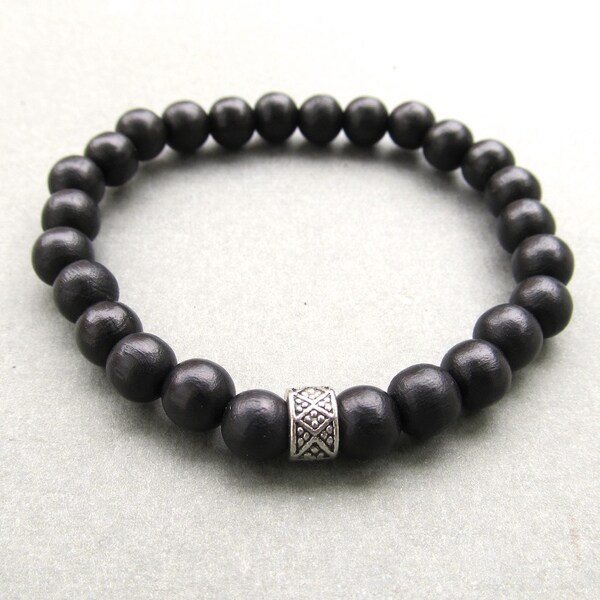 Mens noir en bois perles bracelet extensible avec perles de style tibétain à motifs 2