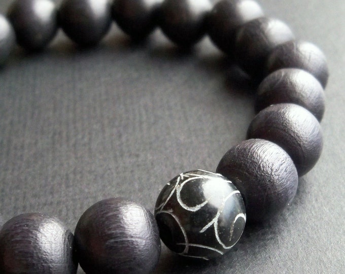Mens Chinese Serpentine Bead and Black Wooden Beaded Stretch Bracelet ...