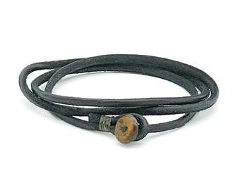 Mens womens unisex black triple wrap leather bracelet