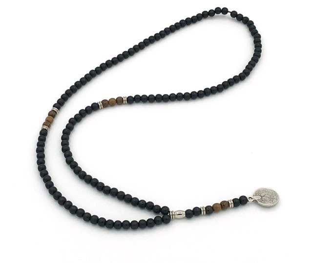 Mens Black Wooden Beaded Rosary Necklace With Silver Metal Etsy