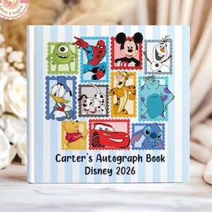 May include: A square autograph book with a light blue and white vertical striped cover. The front features various cartoon characters in colorful postage stamp frames, with the text Carter's Autograph Book Disney 2026 printed in black.