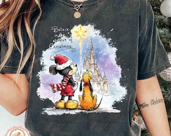 Retro Watercolor Disney Believe In The Wonder Of Christmas Christmas Party Shirt, Disney Christmas Family Matching Shirts, Mickey Xmas Tee