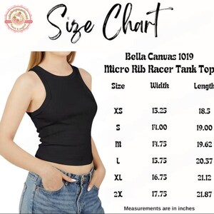 May include: A black Micro Rib Racer Tank Top, with a size chart showing measurements in inches. The chart includes sizes XS to 2X, with width and length measurements. The tank top is shown on a person wearing blue jeans.