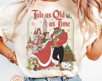 Retro  Disney Christmas Beauty and the Beast Shirt, Tale As Old As Time Shirt Disneyland Christmas, Princess Christmas Baby Tee Crop Tank