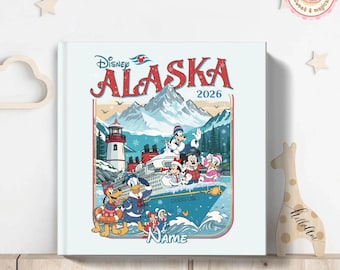 May include: A white square book cover featuring a Disney Alaska 2026 design. The illustration shows a cruise ship with Disney characters, mountains, a lighthouse, and the word "Name". The design is in red, blue, and white.