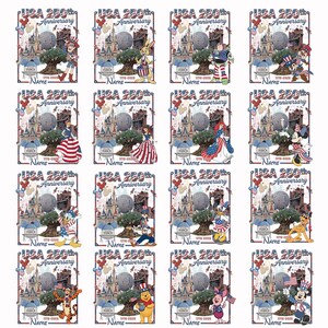 May include: A collection of sixteen rectangular designs celebrating the USA's 250th Anniversary. Each design features a central image of a castle, a globe, and a tree, with various cartoon characters dressed in patriotic attire. The designs include the text "USA 250th Anniversary" and space for a name.