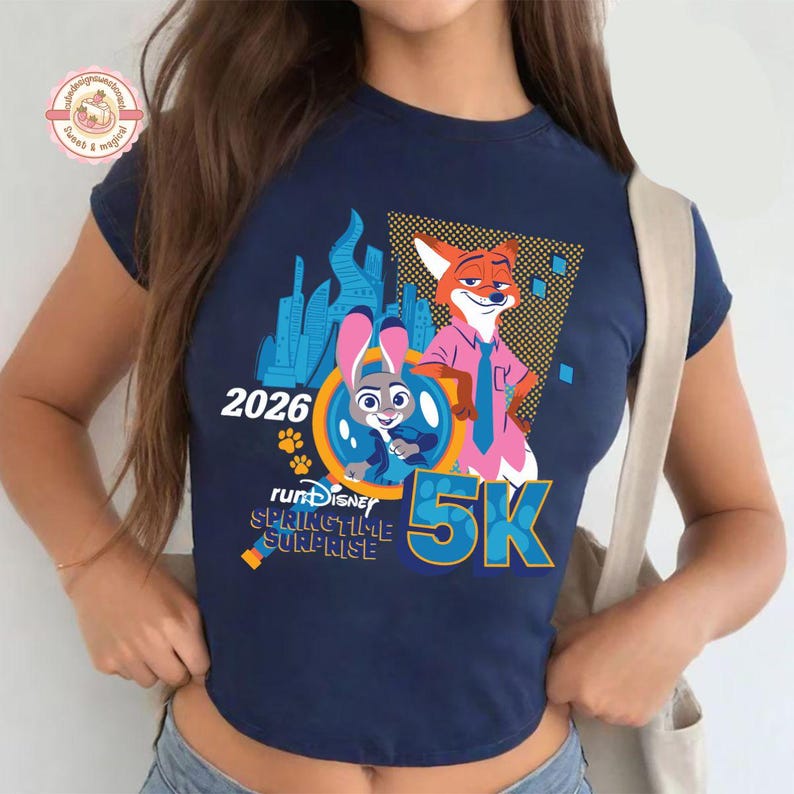 May include: A navy blue crop top with a graphic featuring Judy Hopps and Nick Wilde from Zootopia, the text "2026" and "5K". The design also includes the words "runDisney Springtime Surprise".