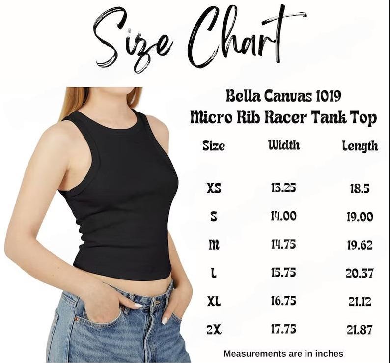 May include: Black Micro Rib Racer Tank Top size chart with measurements in inches. The chart includes sizes XS to 2X, with width and length measurements. The model is wearing a black tank top.