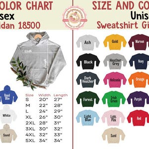 May include: A colour and size chart for Unisex hoodies and sweatshirts. The chart includes a variety of colours, such as black, navy, and orange, and sizes ranging from S to 5XL. Measurements are in inches.