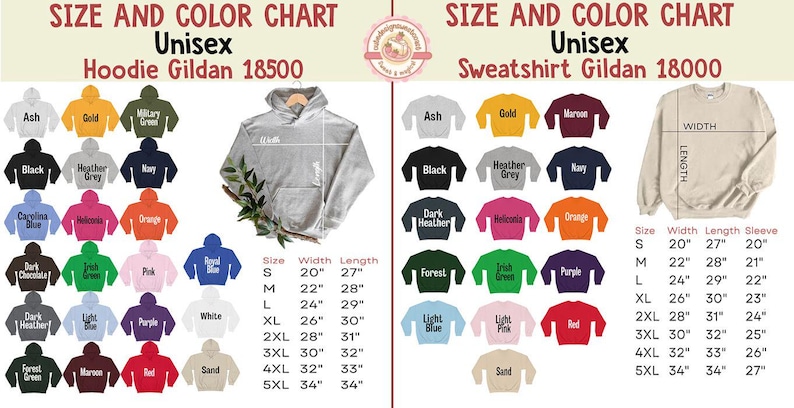 May include: A colour and size chart for Unisex hoodies and sweatshirts. The chart includes a variety of colours, such as black, navy, and orange, and sizes ranging from S to 5XL. Measurements are in inches.
