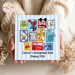 May include: A square autograph book with a light blue and white striped cover featuring various Disney characters in colorful postage stamp frames. The text reads Carter's Autograph Book Disney 2026, showcasing characters like Mickey Mouse, Spider-Man, and Winnie the Pooh.