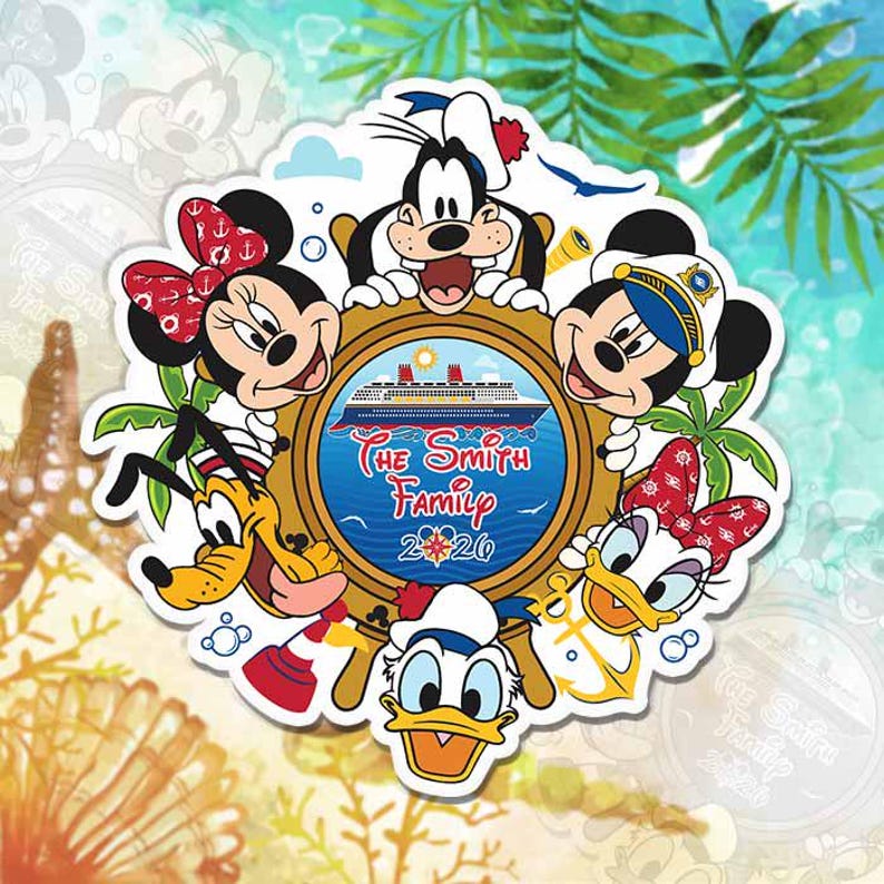 May include: A vibrant Disney family cruise sticker featuring Mickey, Minnie, Goofy, Donald, Daisy, and Pluto. The central image shows a cruise ship with the text "The Smith Family 2020". The sticker has a tropical theme with palm leaves and ocean colours.