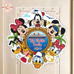 May include: A vibrant door decoration featuring Disney characters encircling a porthole with a cruise ship. The porthole displays the text "The Smith Family 2020". Minnie Mouse, Mickey Mouse, Goofy, Pluto, and Donald and Daisy Duck are featured.
