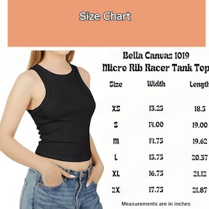May include: Size chart for a Bella Canvas 1019 Micro Rib Racer Tank Top. The chart shows the width and length measurements in inches for sizes XS, S, M, L, XL, and 2X.