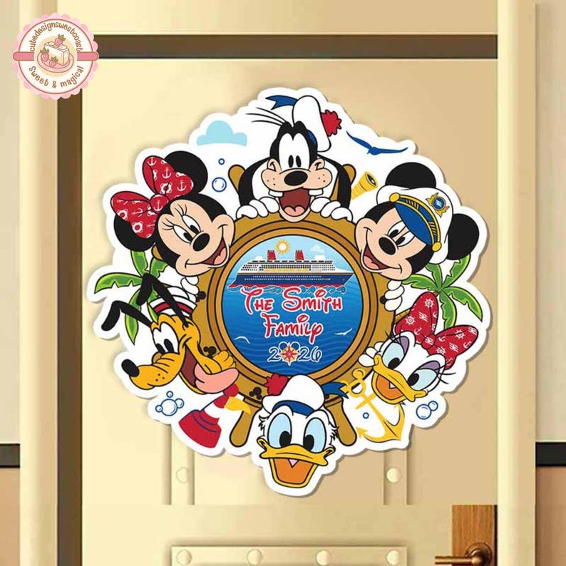 May include: A vibrant Disney door decoration featuring Mickey, Minnie, Goofy, Donald, Daisy, and Pluto. The design includes a cruise ship within a porthole, with "The Smith Family 2020" text. The characters are surrounded by green leaves and blue accents.